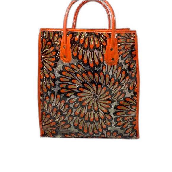 VTG 60s Plastic Reusable Beach Shopping Tote Bag Clear Flower Graphic - Picture 1 of 9